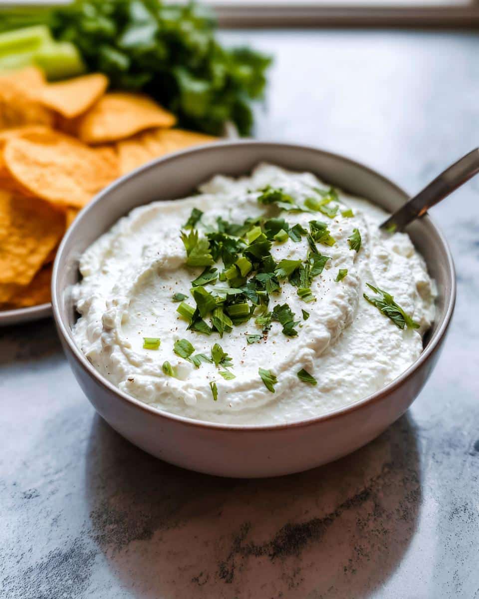 A bowl of thick, white Cottage Cheese Protein Dip topped with fresh chopped parsley and pepper.