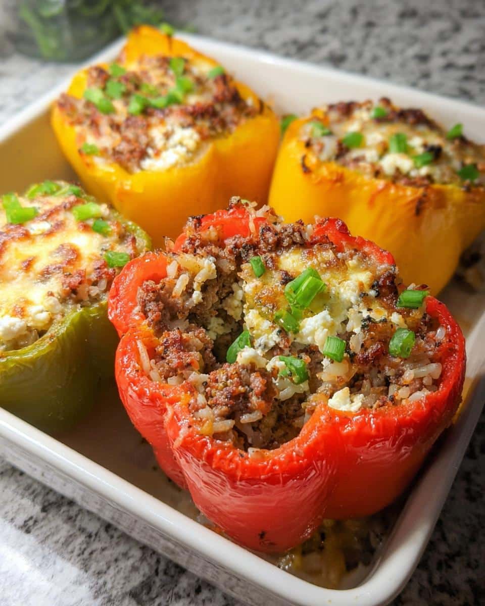 Four baked Cottage Cheese Stuffed Peppers (red, green, and yellow) filled with meat, rice, and cottage cheese, topped with scallions.