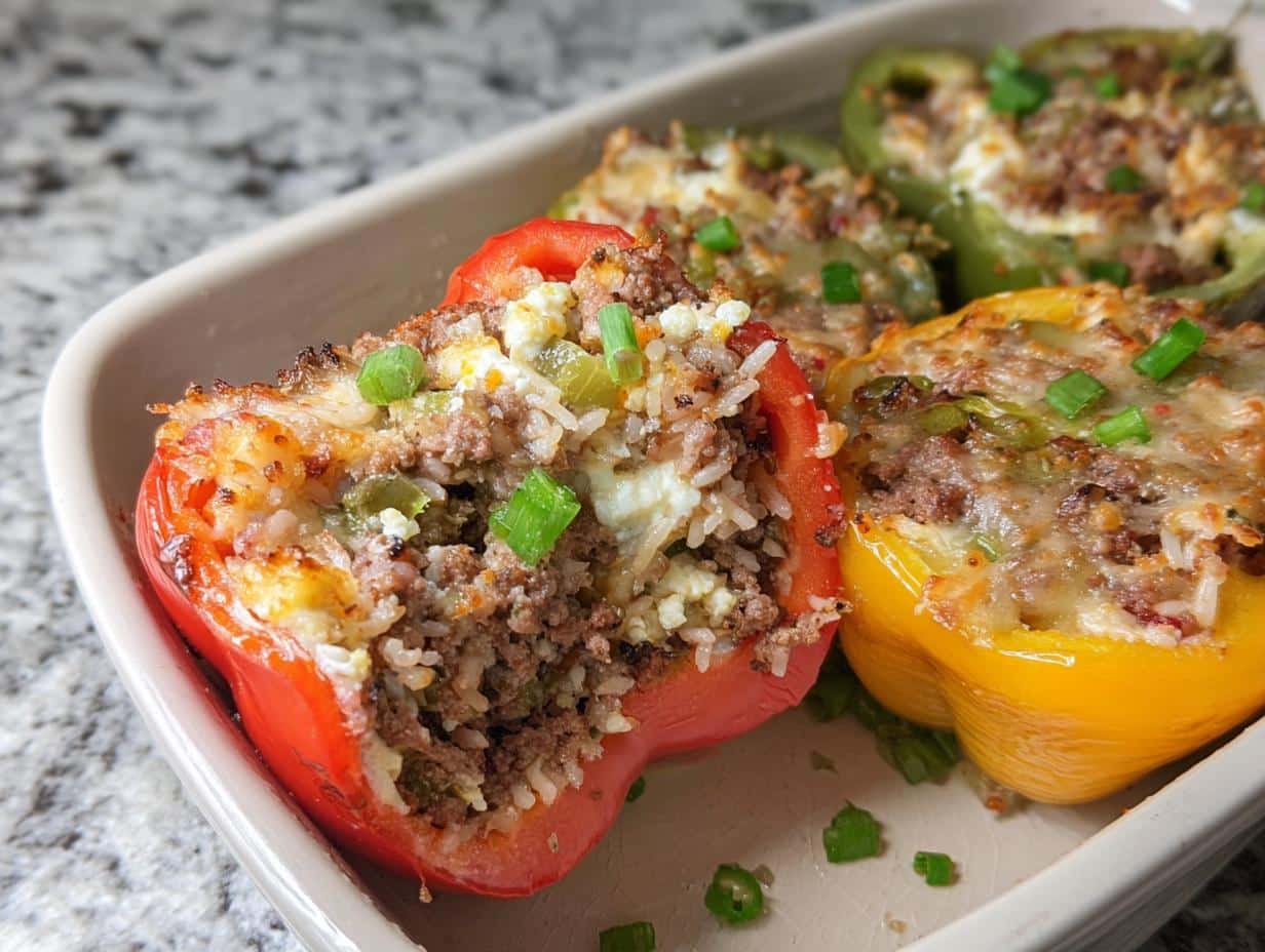 Close-up of baked Cottage Cheese Stuffed Peppers, showing a red pepper half overflowing with meat, rice, and cheese filling, garnished with green onions.