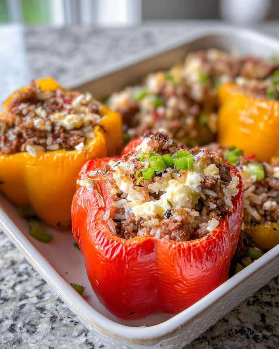 Close-up of baked red and yellow Cottage Cheese Stuffed Peppers topped with cottage cheese and green onions.