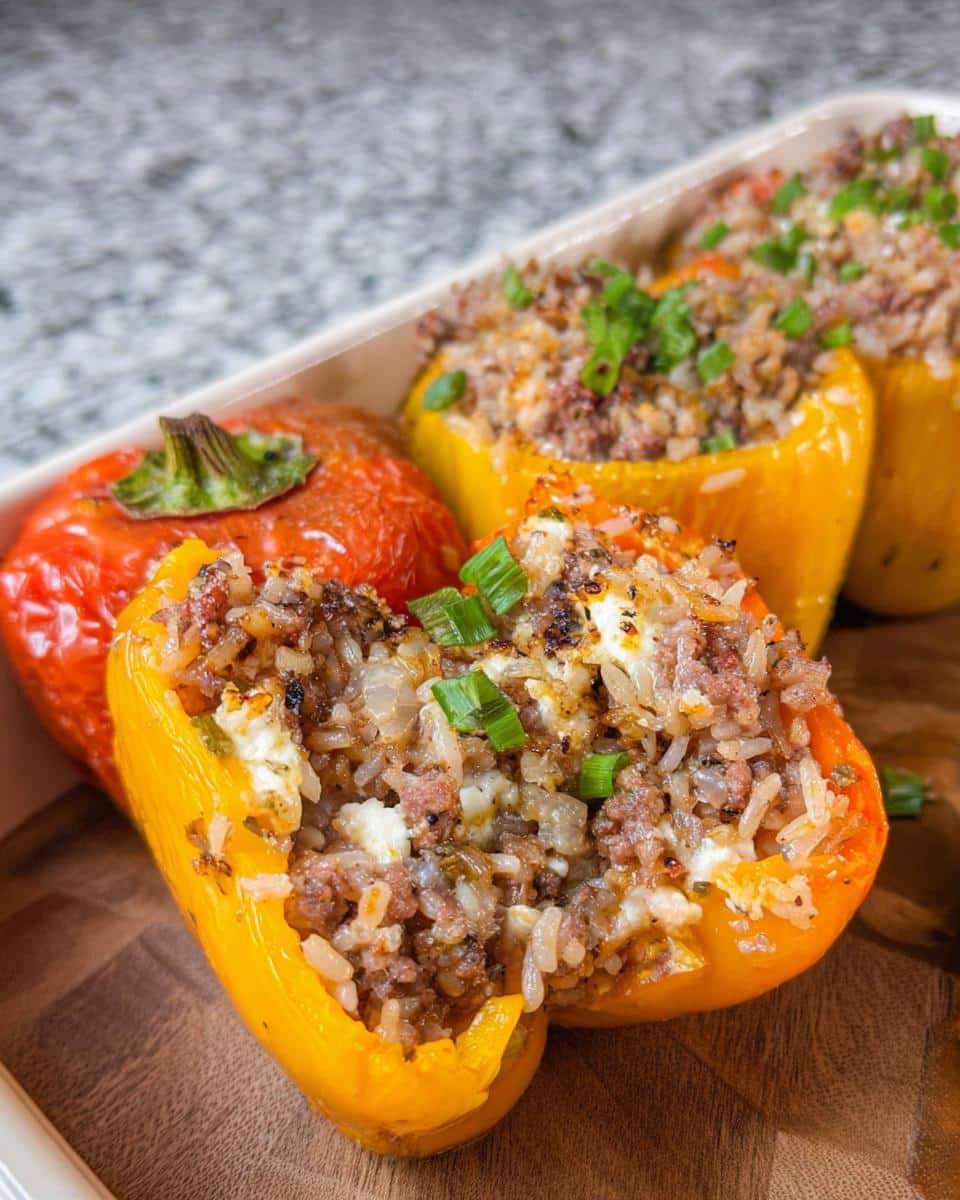 Close-up of a yellow Cottage Cheese Stuffed Pepper cut open, showing the savory filling of meat, rice, and cottage cheese, topped with green onions.