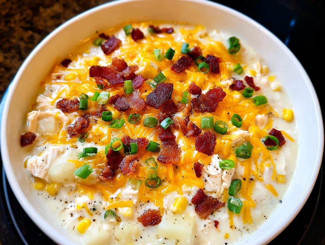 A close-up of a bowl of Cozy Crockpot Chicken Chowder topped with shredded cheddar, crispy bacon bits, and green onions.