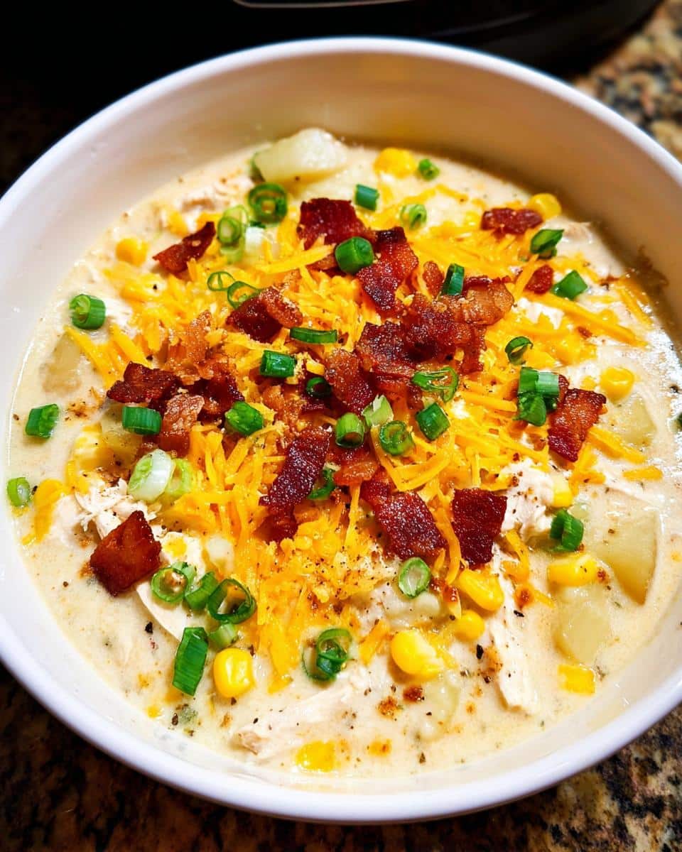 A close-up of a bowl of Cozy Crockpot Chicken Chowder topped with shredded cheese, bacon bits, and green onions.