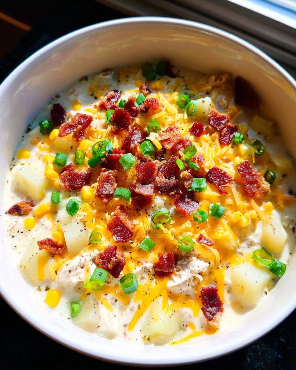 A bowl of creamy Cozy Crockpot Chicken Chowder topped with cheese, bacon bits, and green onions.