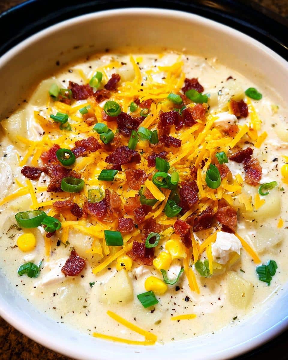 A close-up of a bowl of Cozy Crockpot Chicken Chowder topped generously with shredded cheddar, bacon bits, and green onions.