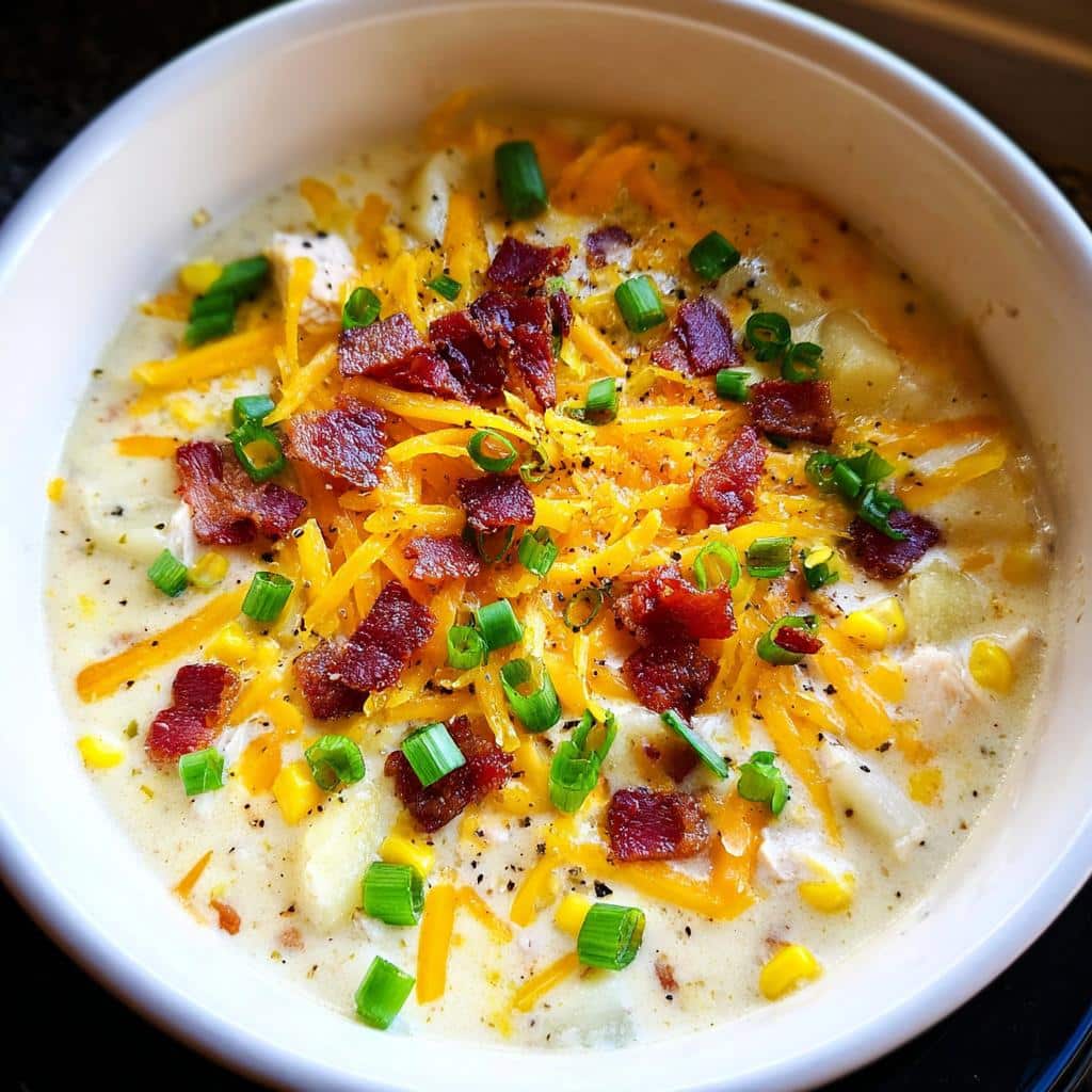 Close-up of a bowl of Cozy Crockpot Chicken Chowder topped with shredded cheddar, bacon bits, and green onions.