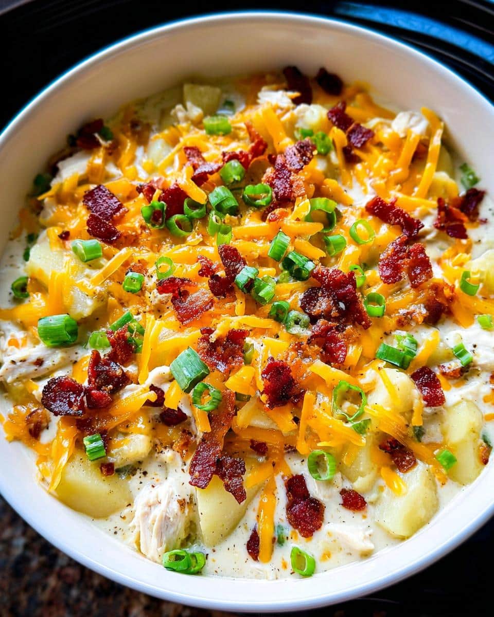 A close-up of Cozy Crockpot Chicken Chowder in a white bowl, topped generously with shredded cheddar, bacon bits, and green onions.