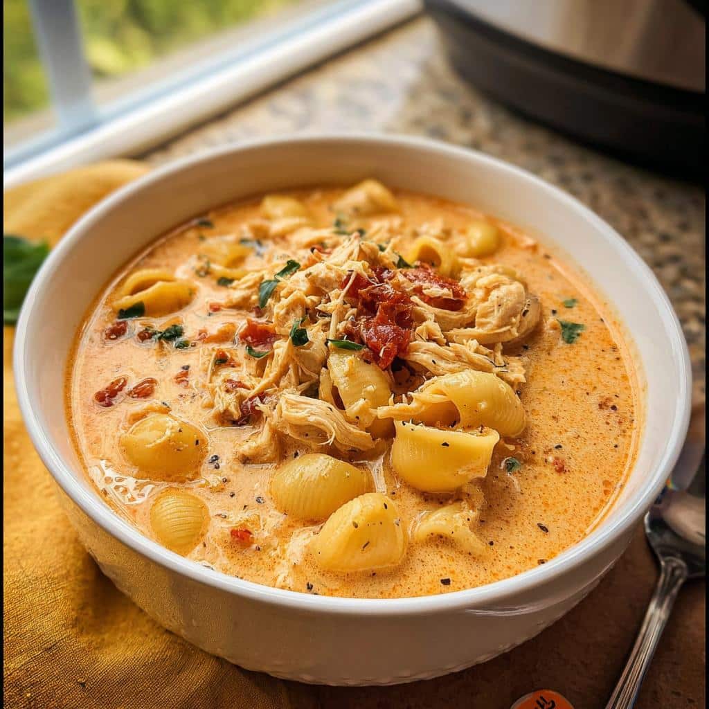 A close-up of a white bowl filled with creamy Cozy Crockpot Marry Me Chicken Soup, featuring pasta shells and shredded chicken.