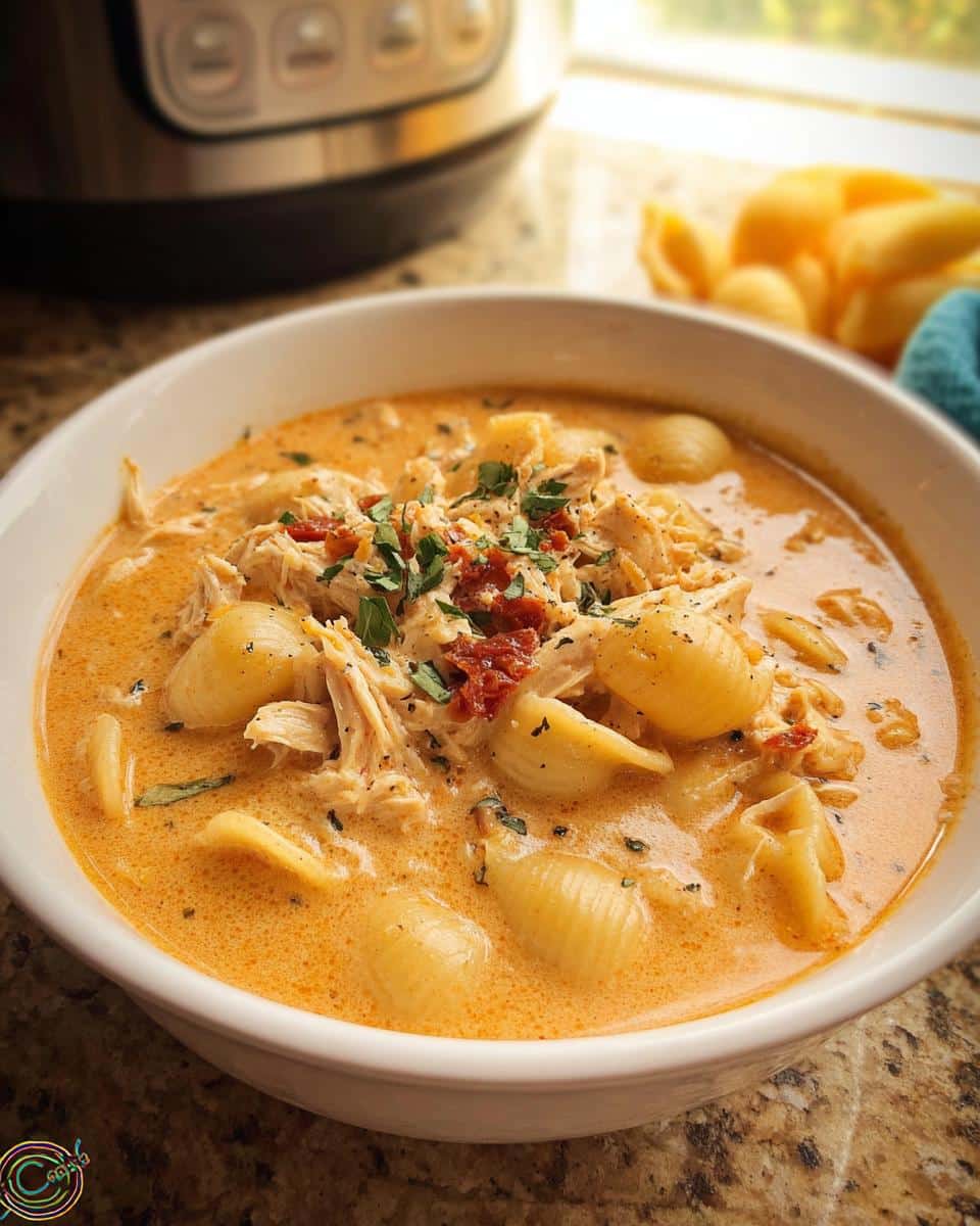 Close-up of a white bowl filled with creamy Cozy Crockpot Marry Me Chicken Soup, topped with shredded chicken and herbs.