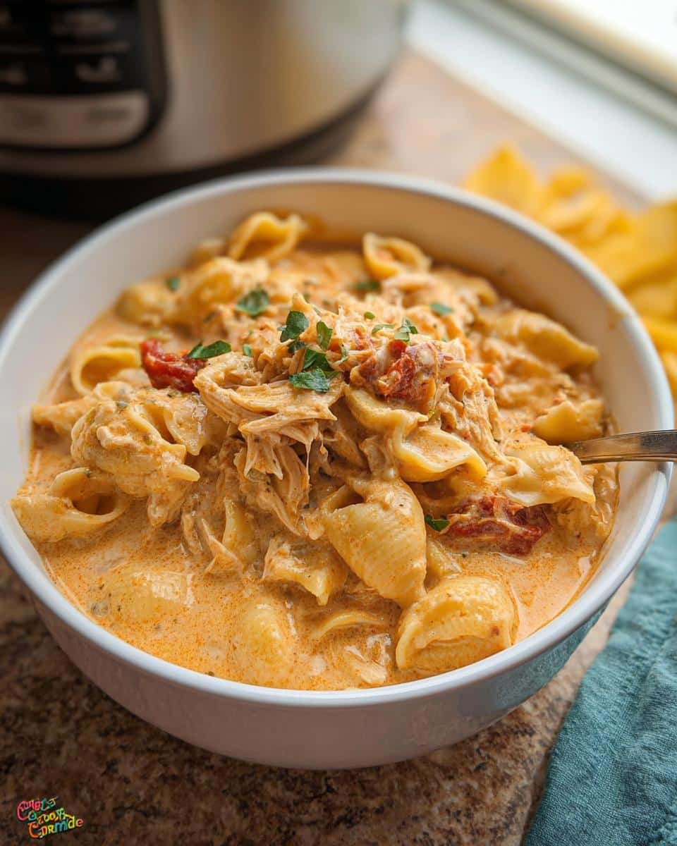 A close-up of a white bowl filled with creamy Cozy Crockpot Marry Me Chicken Soup, featuring shell pasta and shredded chicken.