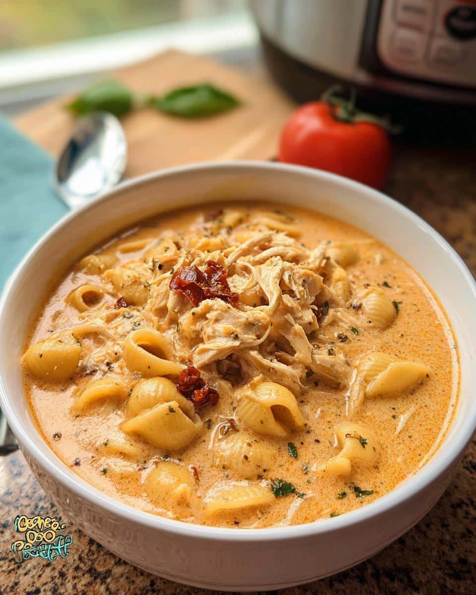 A close-up of a white bowl filled with creamy Cozy Crockpot Marry Me Chicken Soup, featuring pasta shells, shredded chicken, and sun-dried tomatoes.