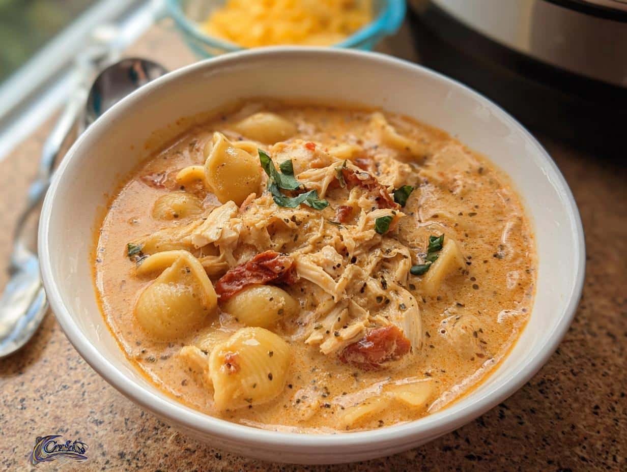 Close-up of a white bowl filled with creamy Cozy Crockpot Marry Me Chicken Soup, featuring pasta shells, shredded chicken, and sun-dried tomatoes.