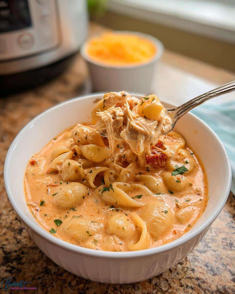 A spoonful of creamy Cozy Crockpot Marry Me Chicken Soup with shredded chicken and pasta shells being lifted from a white bowl.