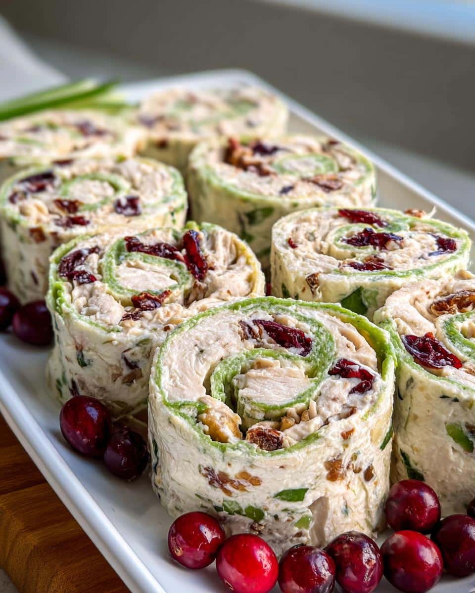 Close-up of several Cranberry Chicken Salad Christmas Roll Ups arranged on a white platter with fresh cranberries.