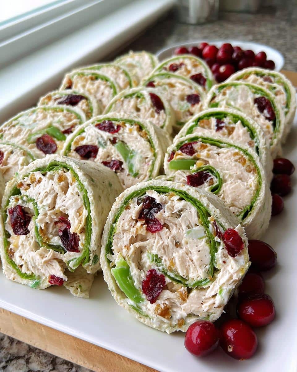 Platter of sliced Cranberry Chicken Salad Christmas Roll Ups featuring creamy filling, dried cranberries, and celery in green tortillas.
