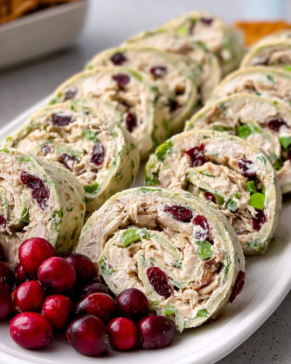 Close-up of sliced Cranberry Chicken Salad Christmas Roll Ups arranged on a white platter next to fresh cranberries.