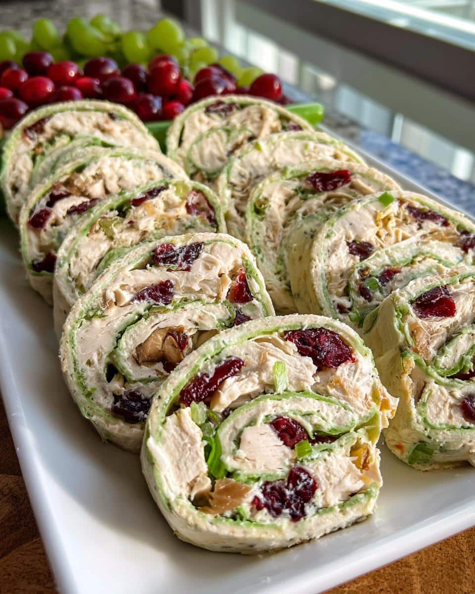 Slices of Cranberry Chicken Salad Christmas Roll Ups filled with chicken, dried cranberries, and nuts, served on a platter.
