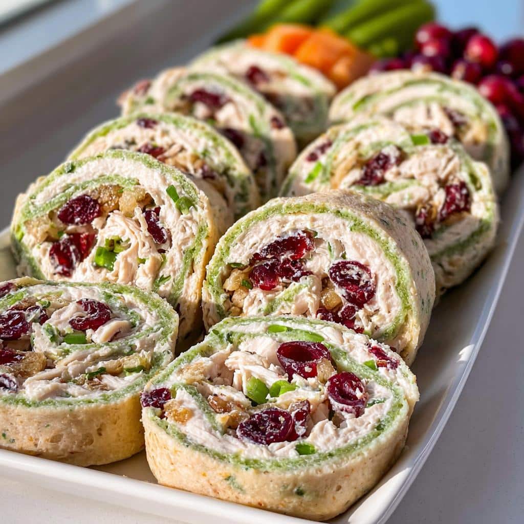 Close-up of sliced Cranberry Chicken Salad Christmas Roll Ups arranged on a white platter, showing creamy filling with cranberries and green tortilla.