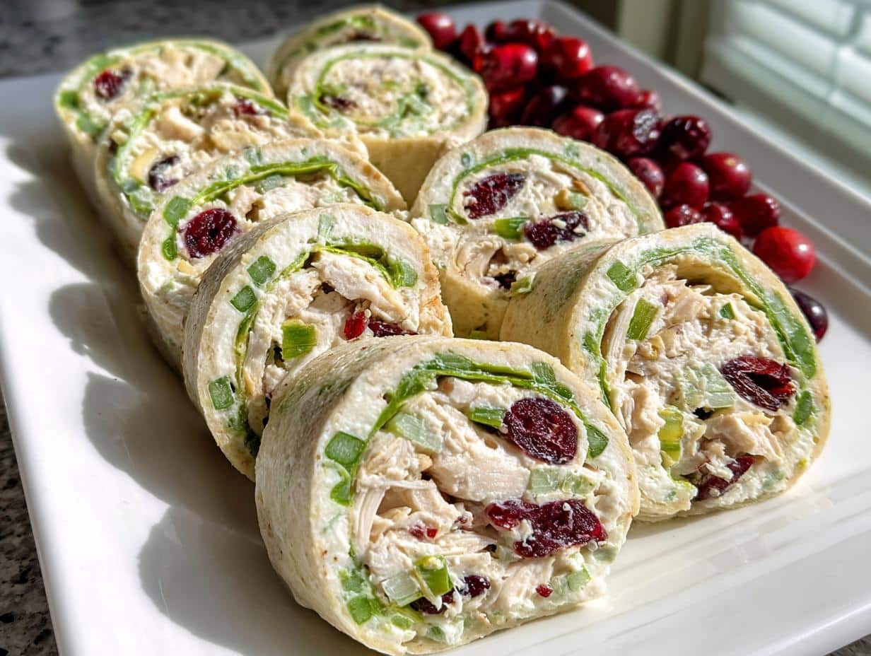 Close-up of sliced Cranberry Chicken Salad Christmas Roll Ups arranged on a white platter with fresh cranberries.