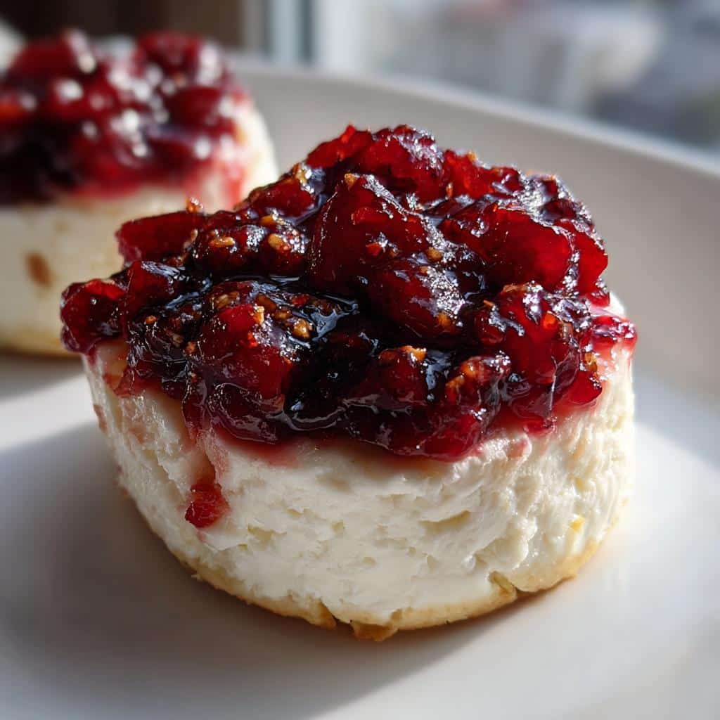 A close-up of one of the Cranberry-Cinnamon Goat Cheese Bites, featuring a creamy white base topped with glossy, chunky cranberry relish.