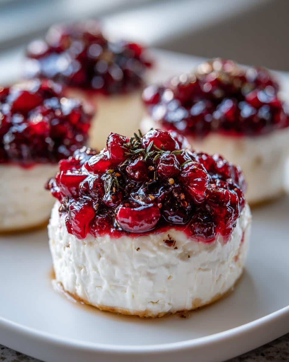 A close-up of one of the Cranberry-Cinnamon Goat Cheese Bites topped with glistening cranberry compote and herbs.