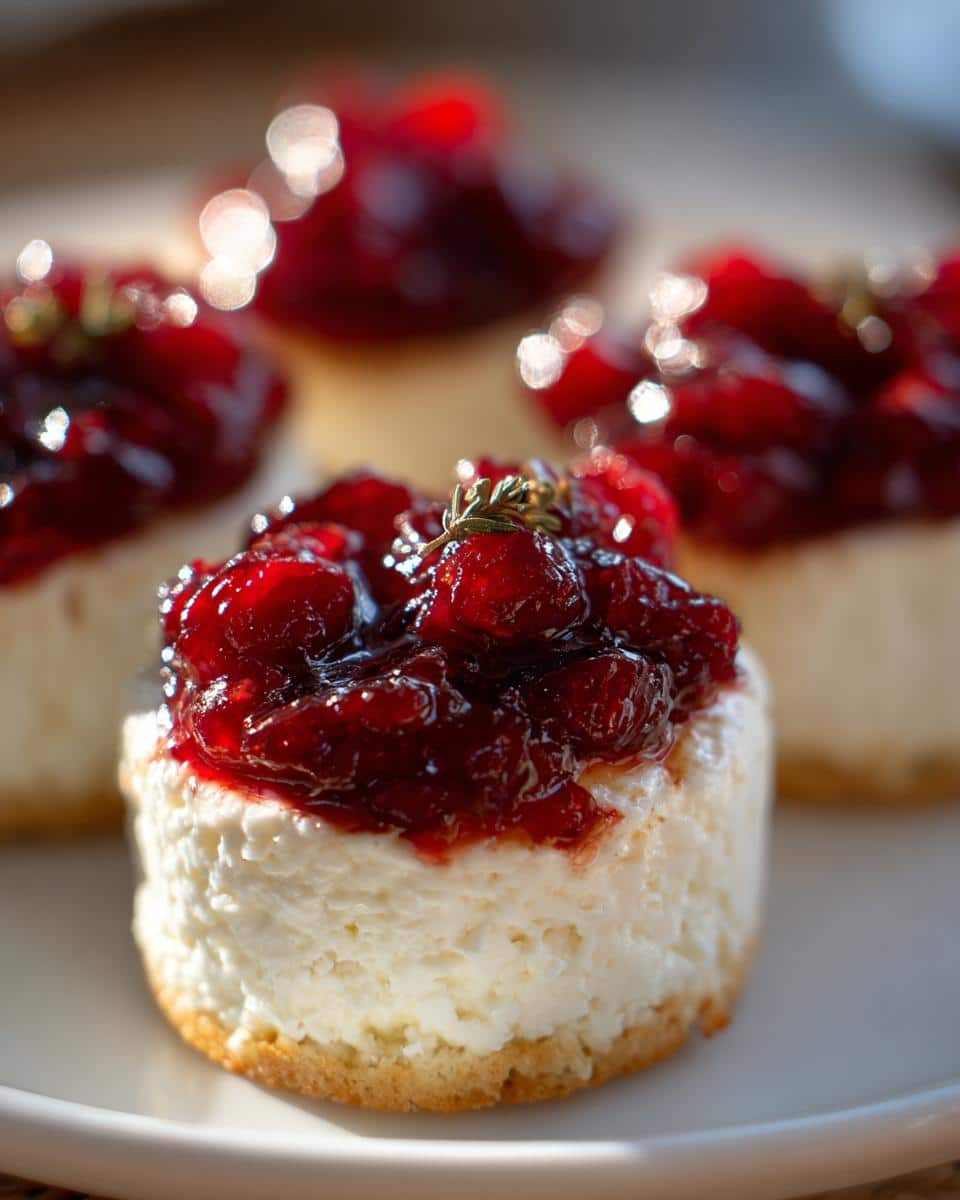 A close-up of one of the Cranberry-Cinnamon Goat Cheese Bites topped with rich cranberry sauce and a sprig of thyme.