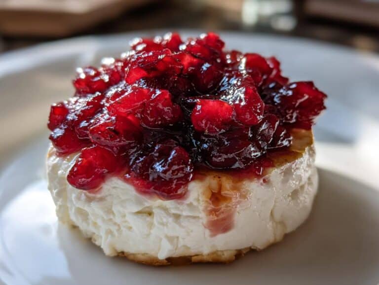 A single serving of Cranberry-Cinnamon Goat Cheese Bites topped with glistening cranberry relish on a white plate.