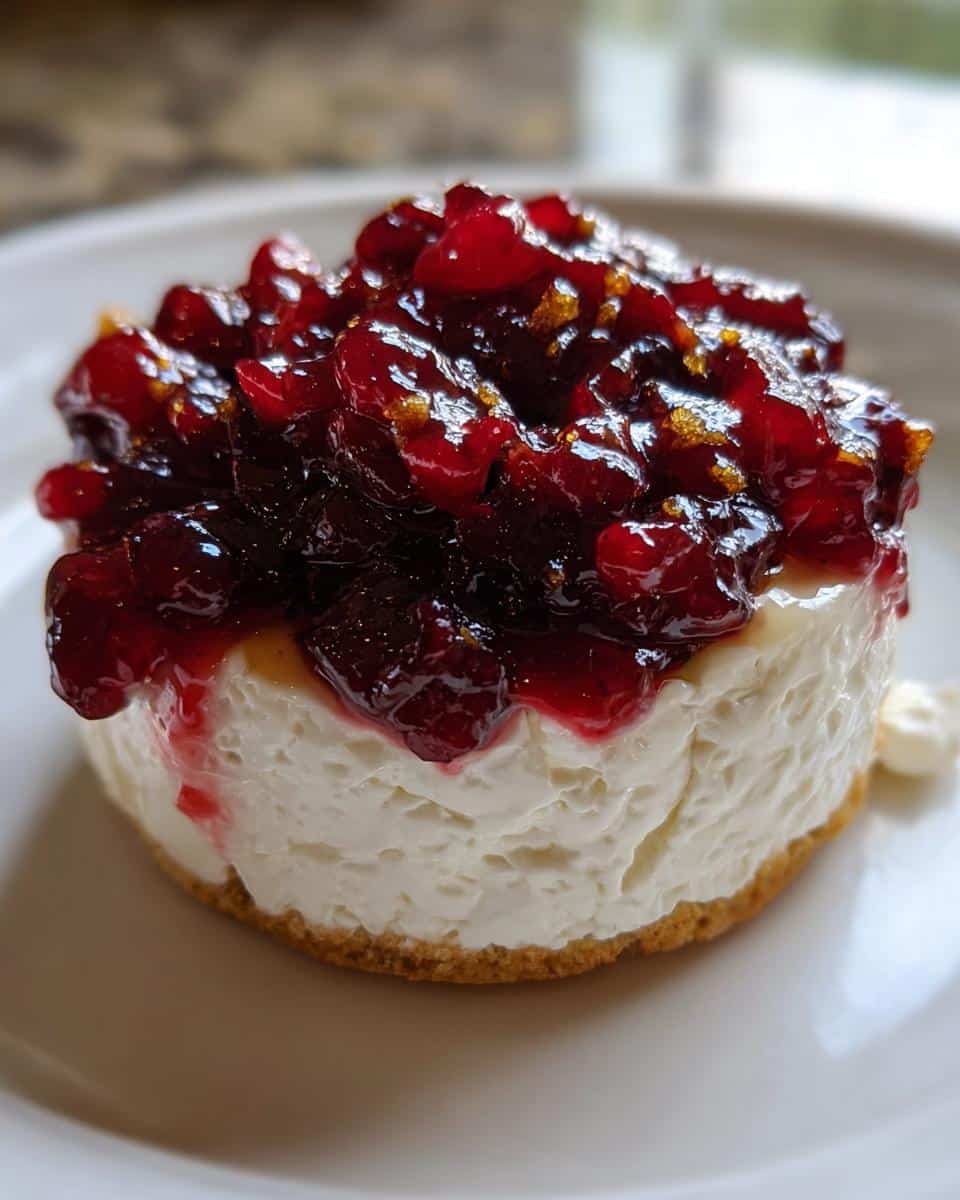 Close-up of a single serving Cranberry-Cinnamon Goat Cheese Bites on a white plate with a graham cracker crust.