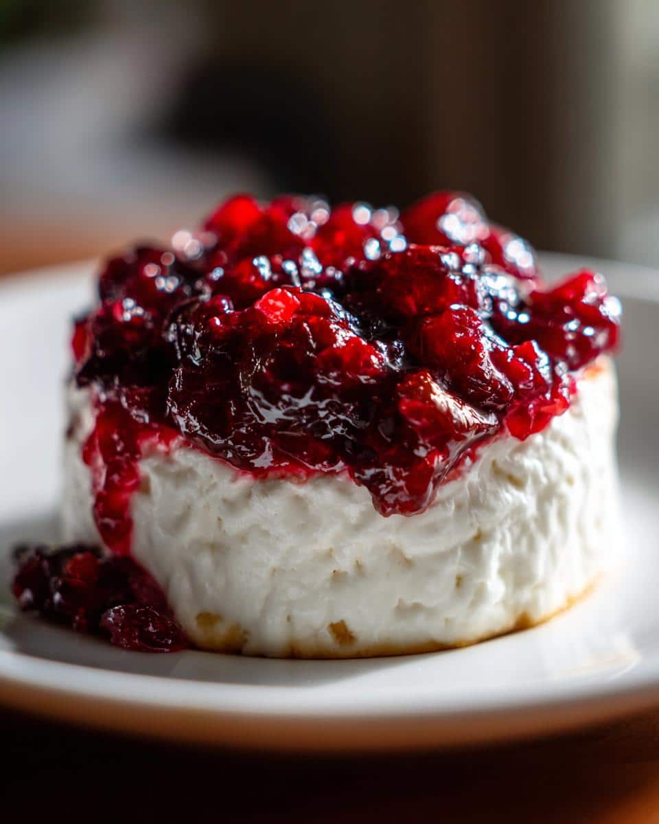 A single serving of Cranberry-Cinnamon Goat Cheese Bites topped with glistening, dark red cranberry compote.