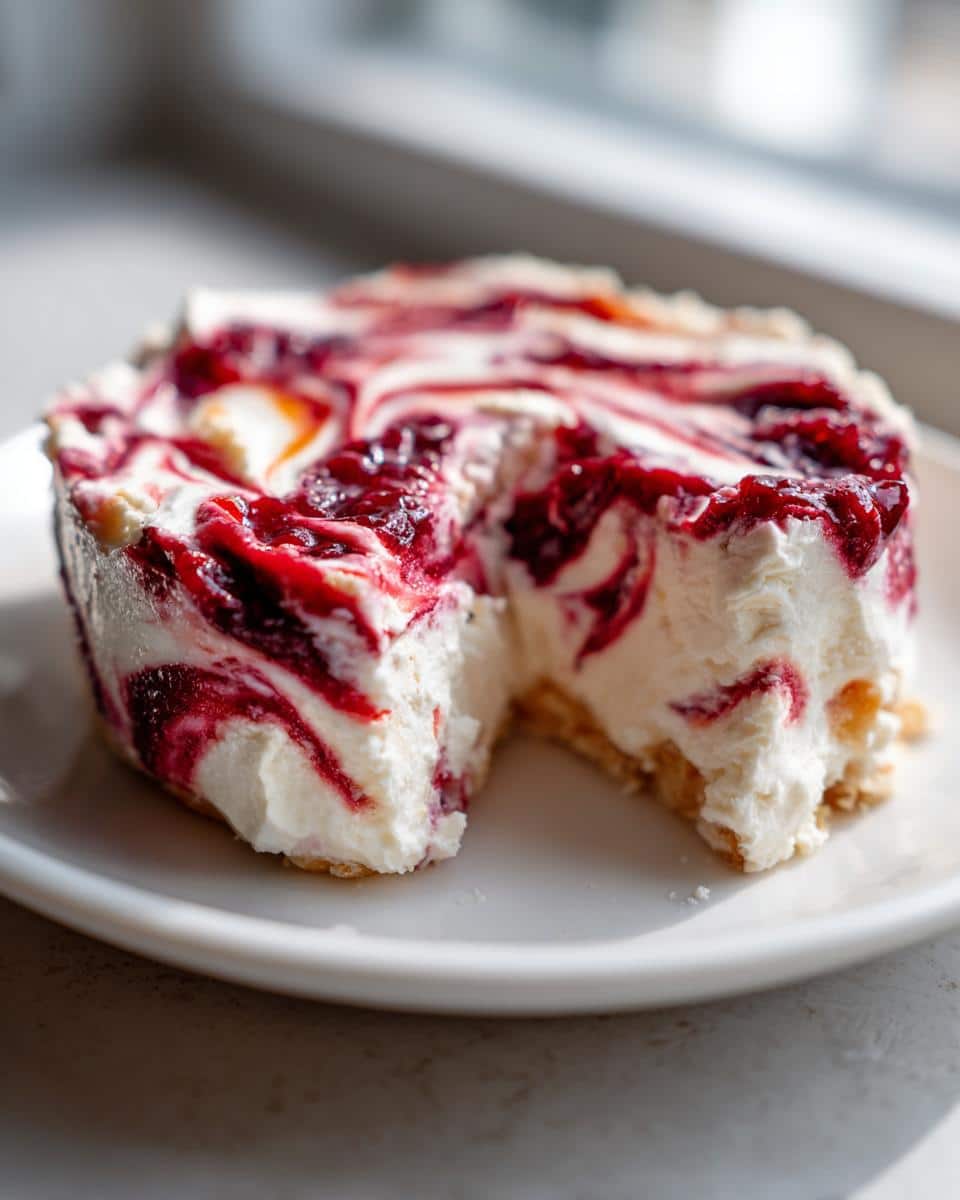 A slice taken out of a small, round Cranberry Orange Holiday Dip with a creamy white base and vibrant red cranberry swirl.