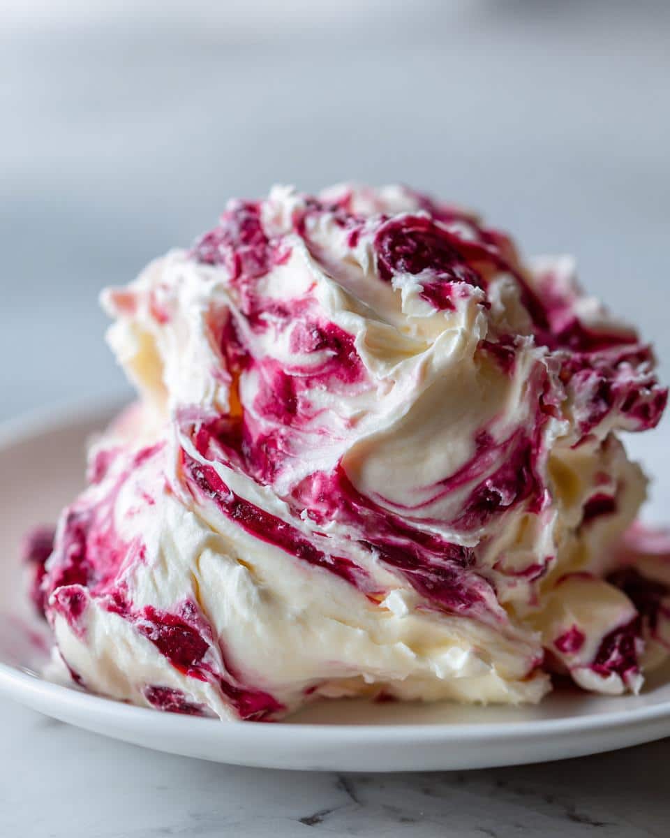 Close-up of creamy white Cranberry Orange Holiday Dip swirled with vibrant magenta cranberry sauce.