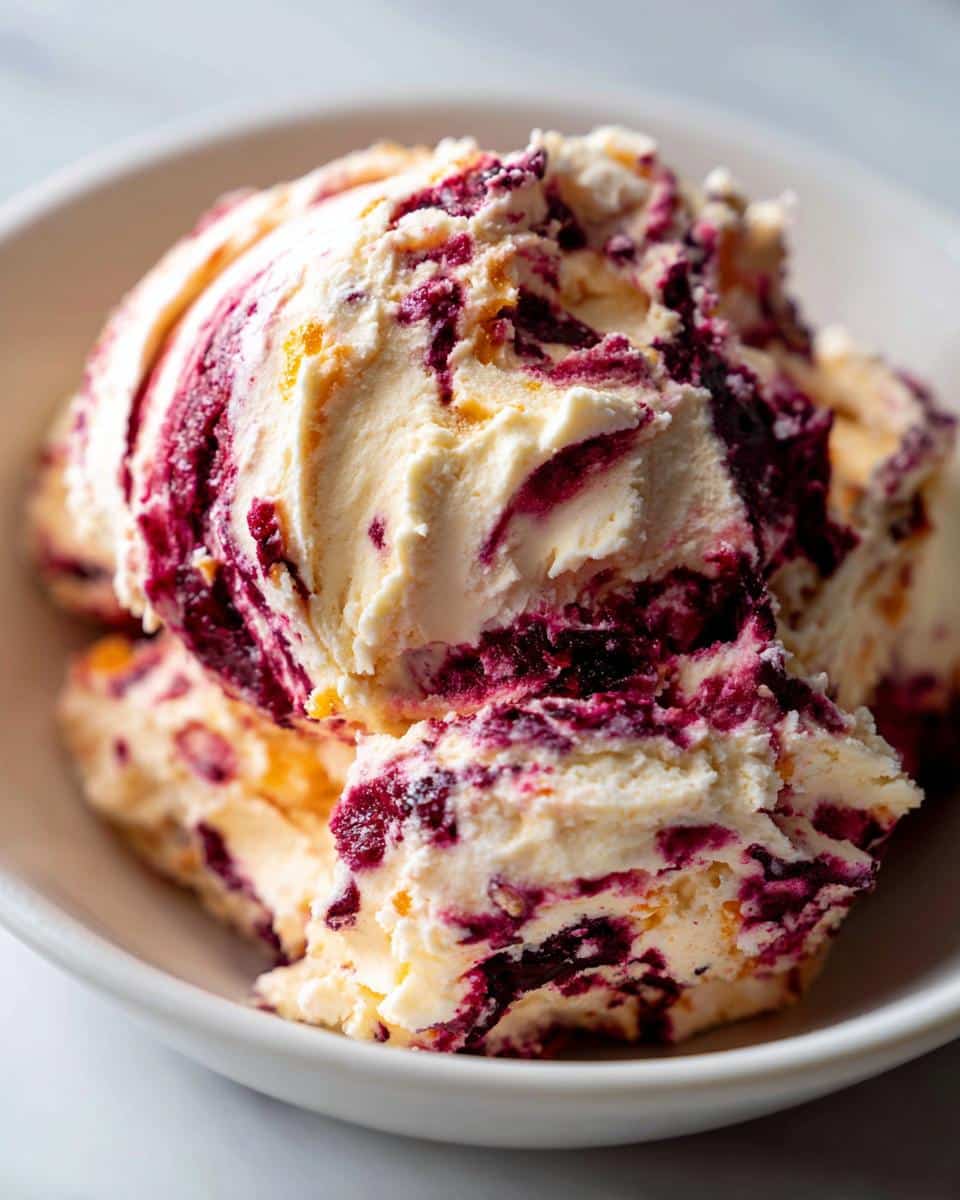 Close-up of creamy white base swirled with deep purple cranberry sauce, resembling the Cranberry Orange Holiday Dip.