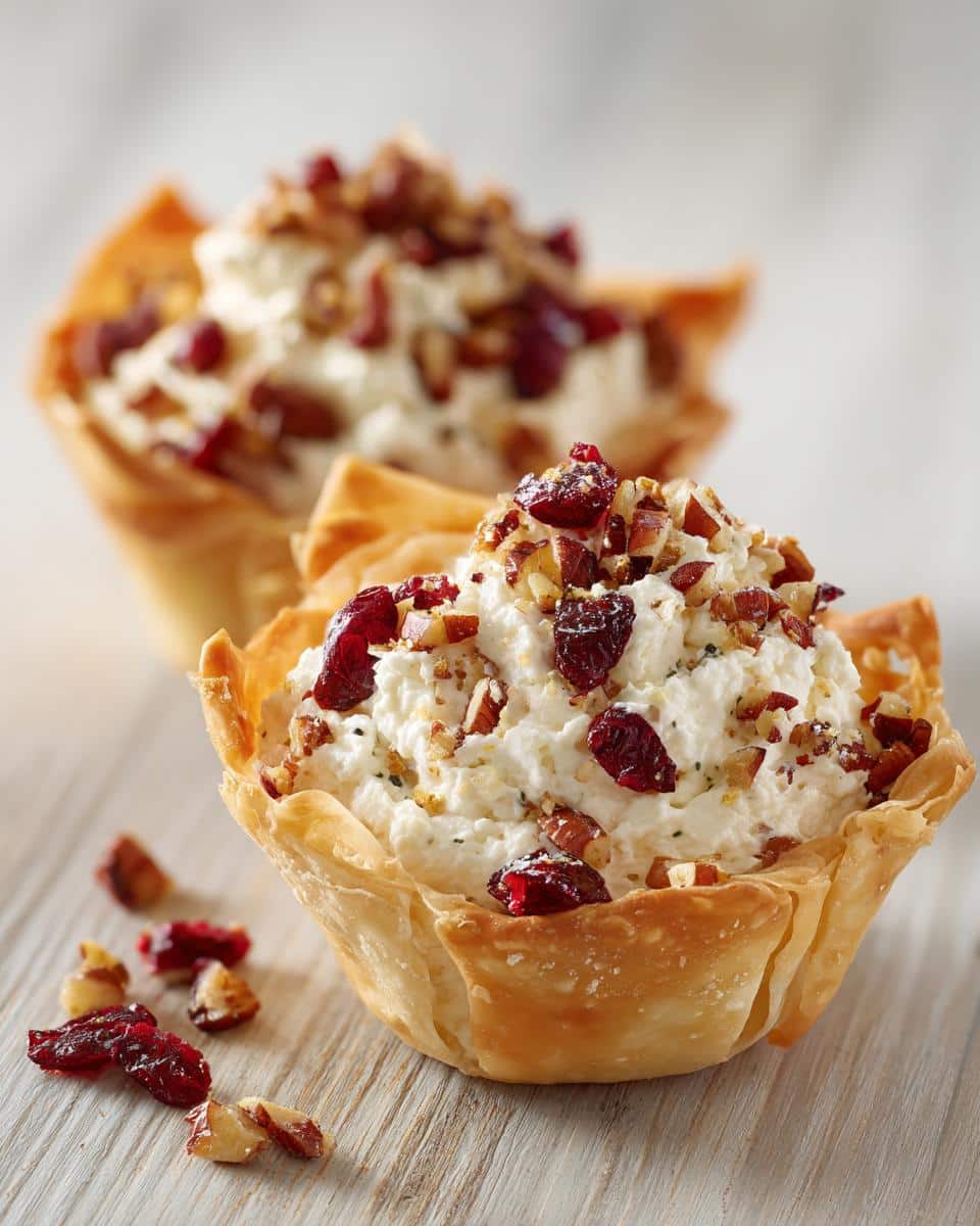 Close-up of a Cranberry Pecan Cream Cheese Mini Cups appetizer in a crispy phyllo shell.