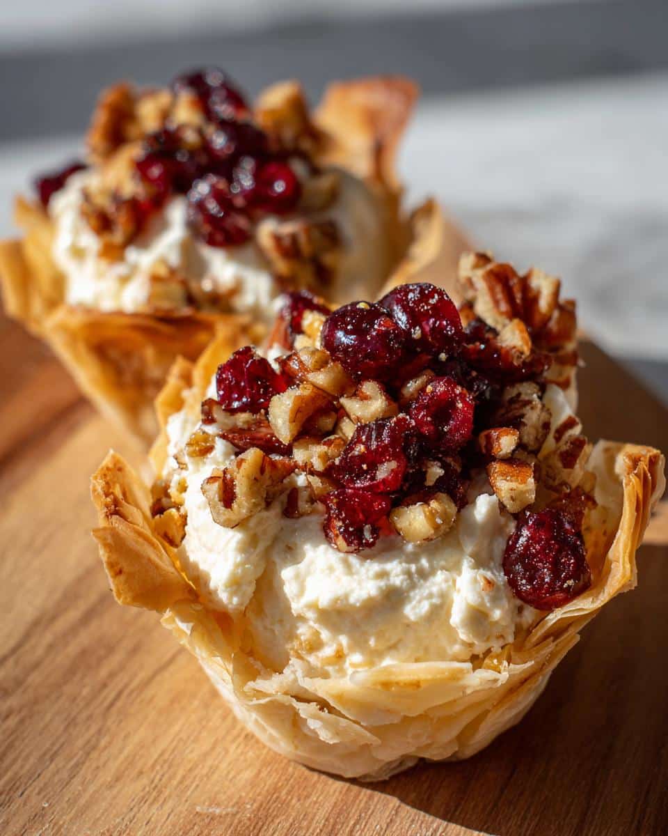 Close-up of Cranberry Pecan Cream Cheese Mini Cups in crispy phyllo shells, topped with dried cranberries and chopped pecans.