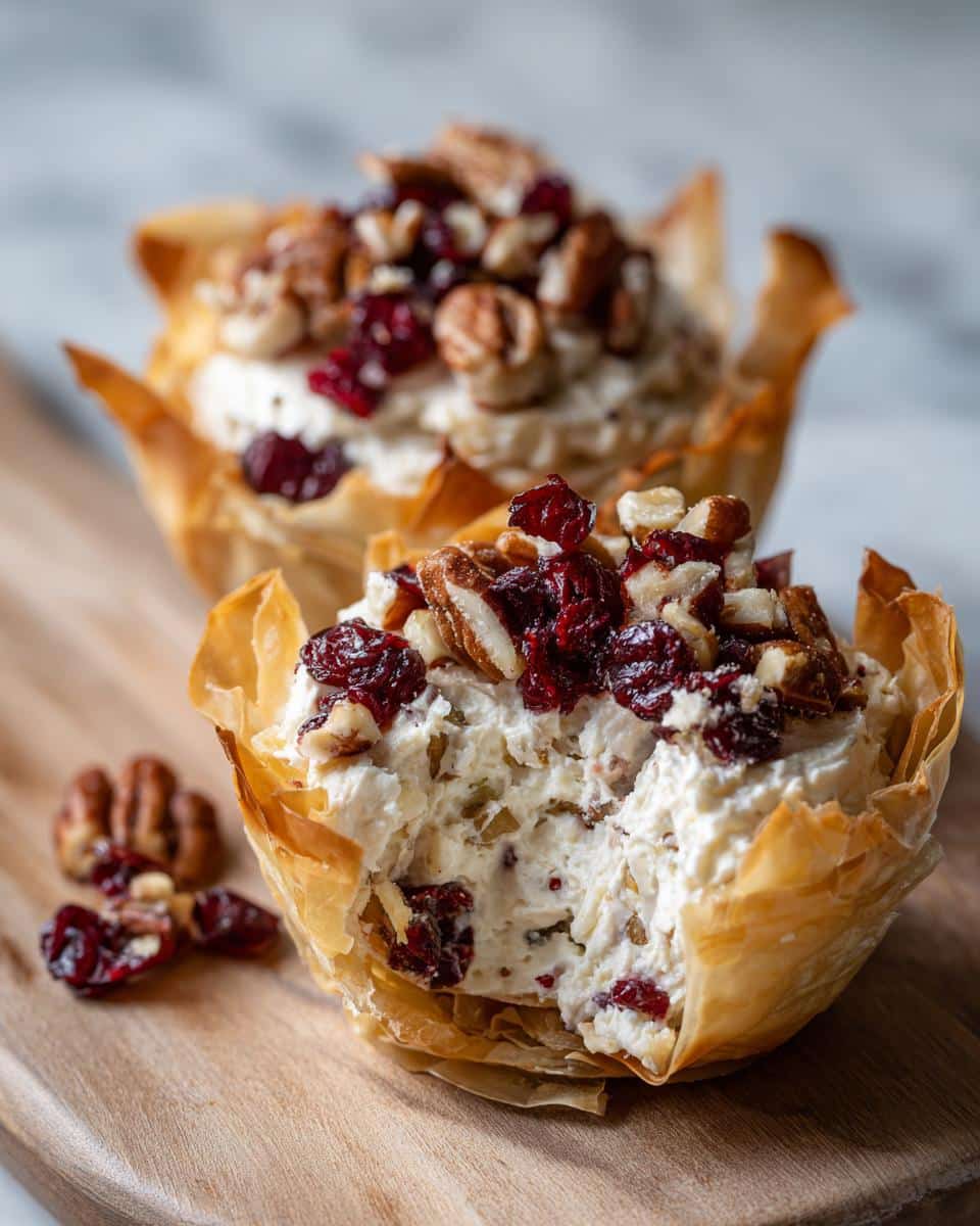 Two Cranberry Pecan Cream Cheese Mini Cups in crispy phyllo shells, topped with pecans and dried cranberries.