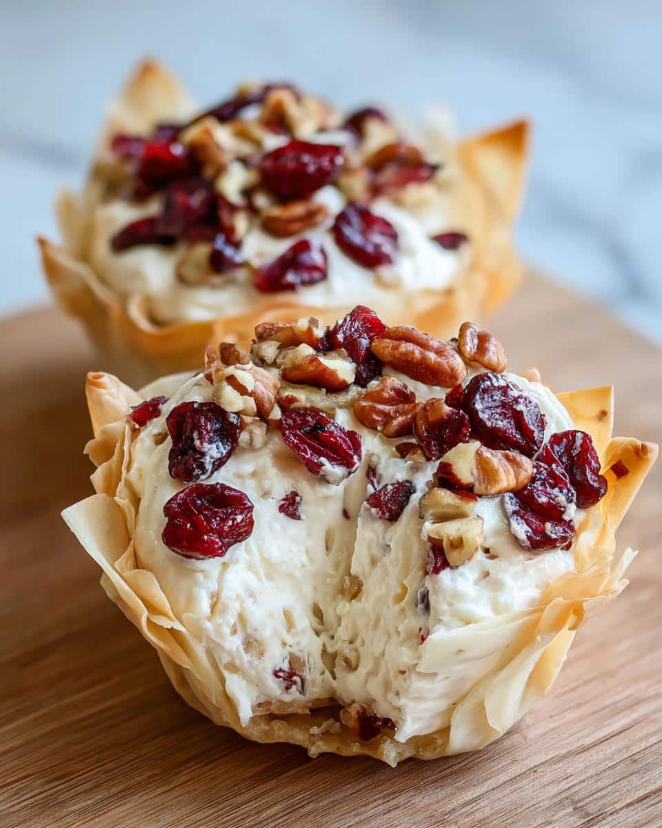 Close-up of a Cranberry Pecan Cream Cheese Mini Cup, showing creamy filling topped with dried cranberries and pecans in a phyllo shell.