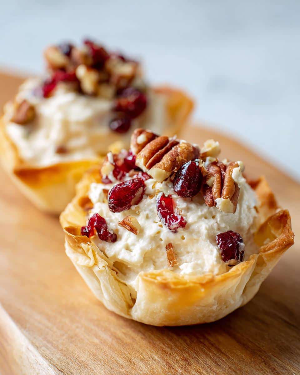 Close-up of a Cranberry Pecan Cream Cheese Mini Cup in a flaky phyllo shell, topped with pecans and dried cranberries.