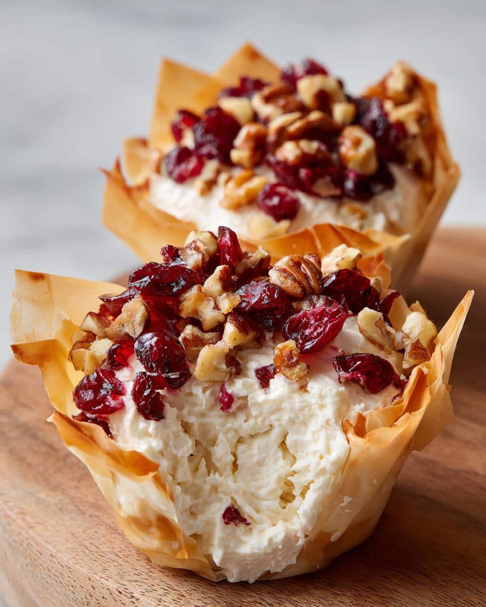 Two Cranberry Pecan Cream Cheese Mini Cups in flaky phyllo shells, topped with dried cranberries and pecans.