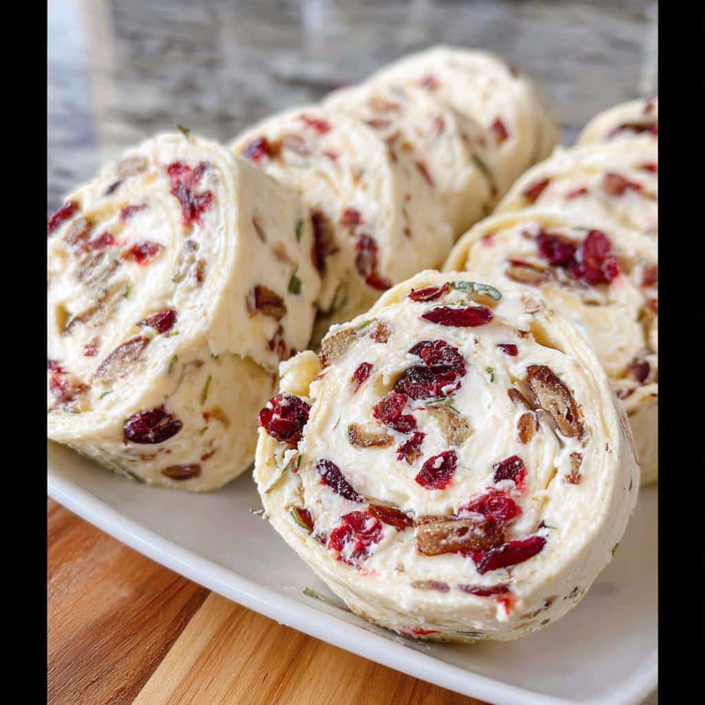 Close-up of sliced Cranberry Pecan Cream Cheese Tortilla Roll Ups showing the swirl of cream cheese, cranberries, and pecans.