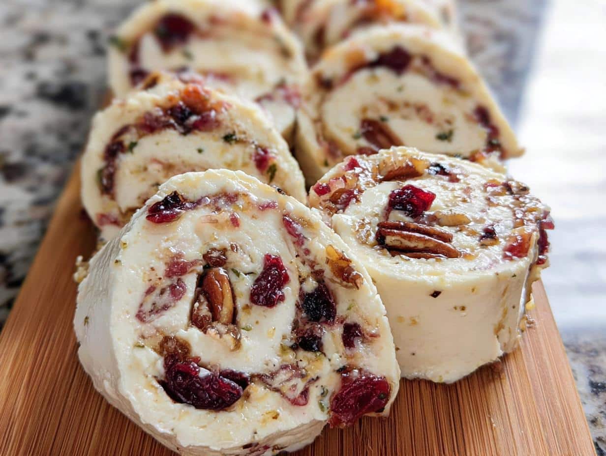 Close-up of sliced Cranberry Pecan Cream Cheese Tortilla Roll Ups showing the creamy filling with cranberries and pecans.