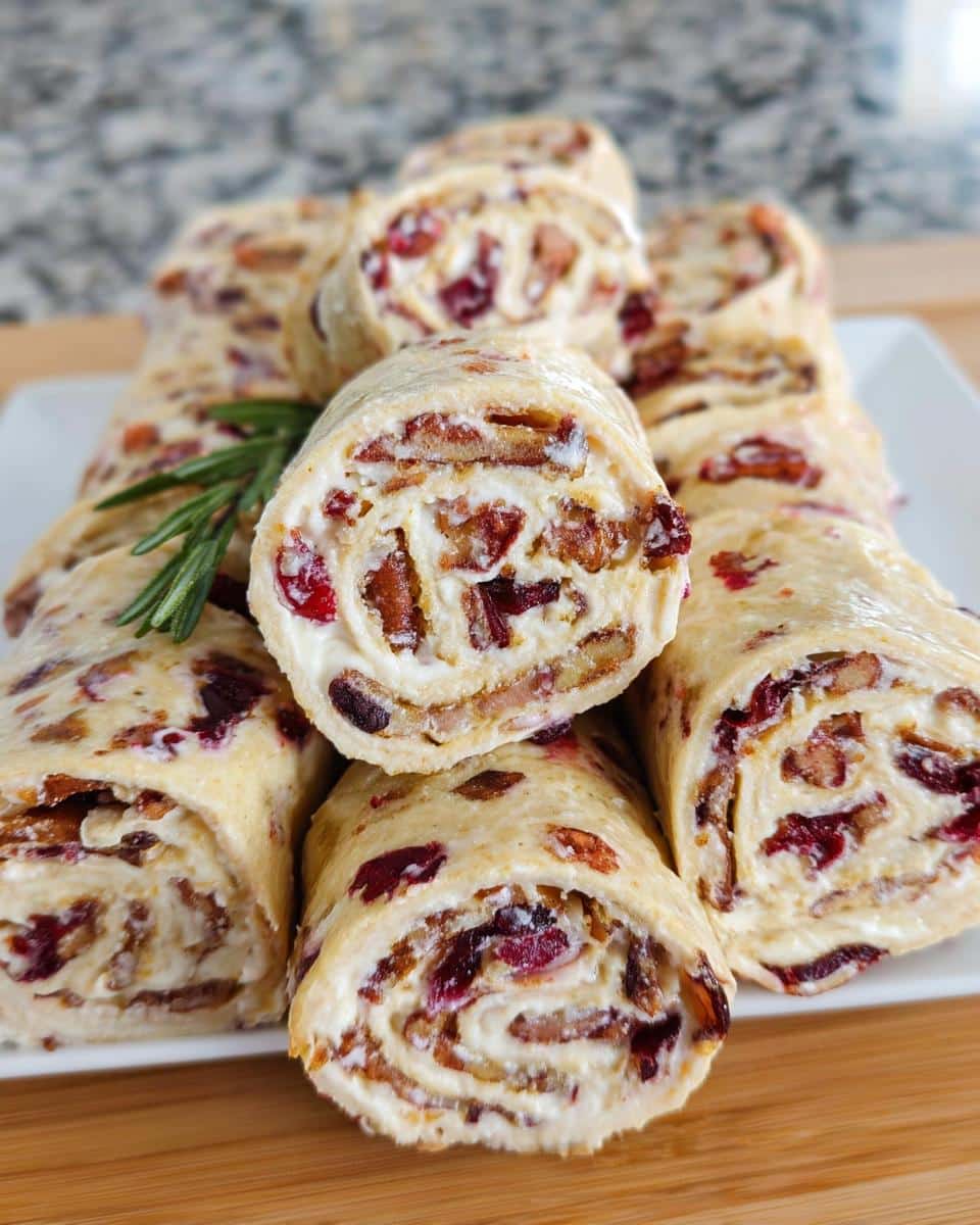 A stack of sliced Cranberry Pecan Cream Cheese Tortilla Roll Ups garnished with a sprig of rosemary on a white plate.
