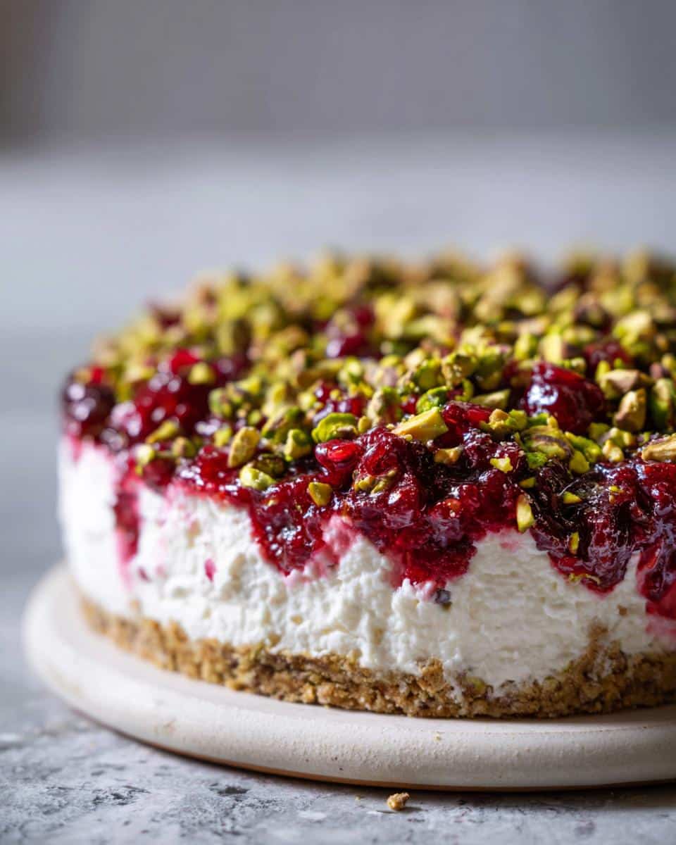 A close-up of the Cranberry Pistachio Cold Cream Cheese Dip, showing the thick white layer, cranberry topping, and chopped pistachios.