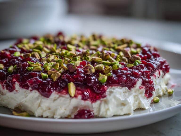 Close-up of the amazing Cranberry Pistachio Cold Cream Cheese Dip topped with bright red cranberry sauce and chopped green pistachios.