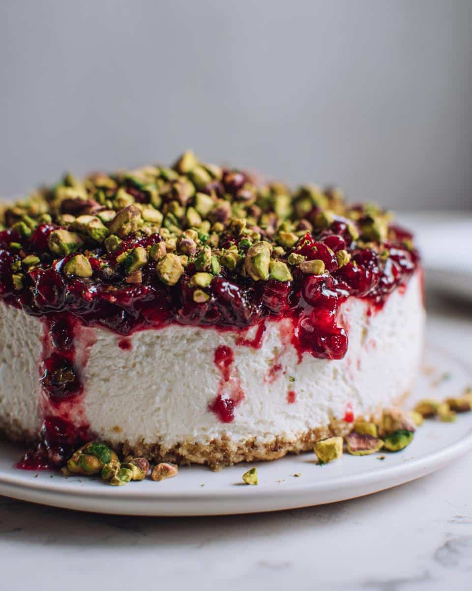 Close-up of a round Cranberry Pistachio Cold Cream Cheese Dip topped with red cranberry sauce and chopped green pistachios.