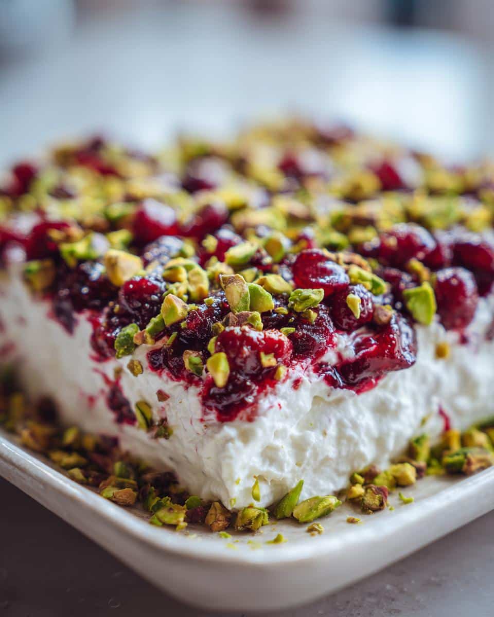 A close-up of the Cranberry Pistachio Cold Cream Cheese Dip, topped with bright red cranberries and chopped green pistachios.