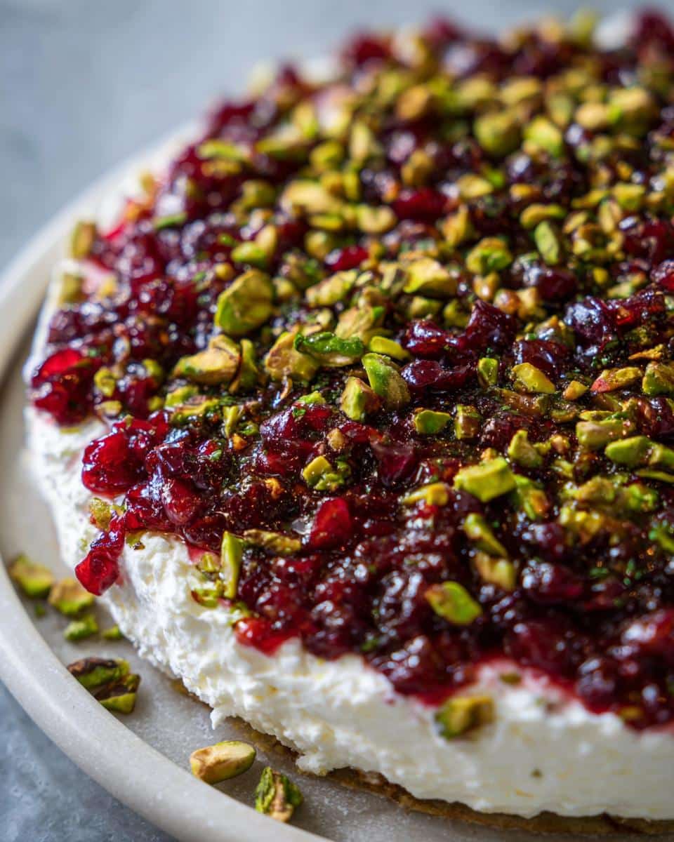 A close-up view of the Cranberry Pistachio Cold Cream Cheese Dip topped with rich cranberry sauce and chopped green pistachios.