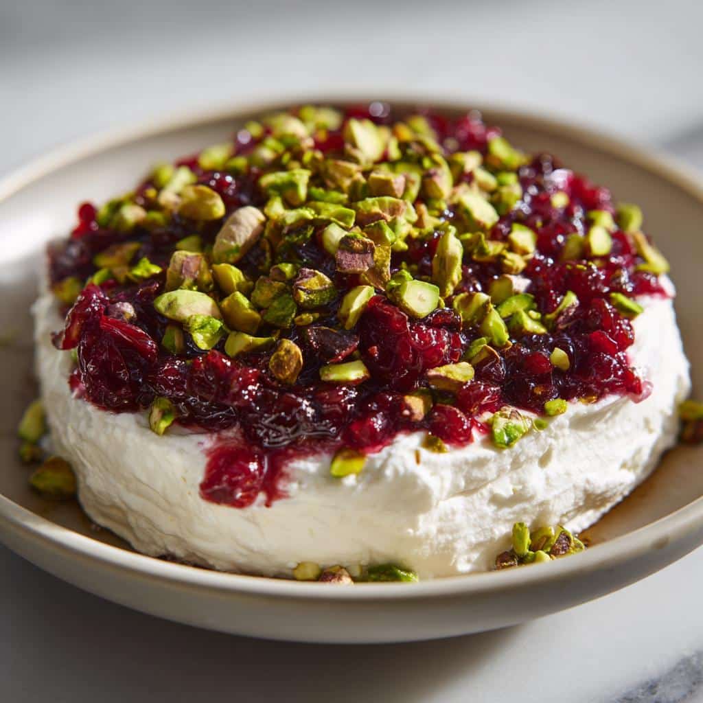 Close-up of Cranberry Pistachio Cold Cream Cheese Dip topped with bright red cranberry sauce and chopped green pistachios.