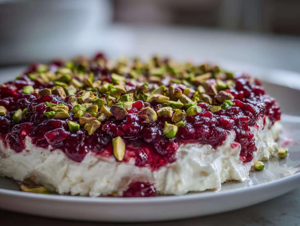 Close-up of the amazing Cranberry Pistachio Cold Cream Cheese Dip topped with bright red cranberry sauce and chopped green pistachios.