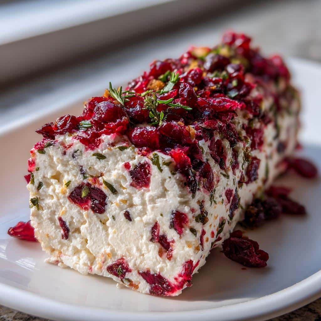 A close-up, appetizing view of the finished Cranberry-Rosemary Goat Cheese Log, coated in dried cranberries and herbs.