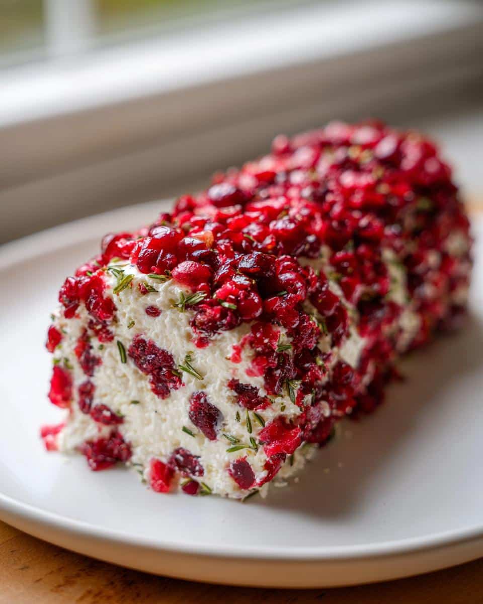 A log of creamy goat cheese coated entirely in bright red cranberries and chopped rosemary, the Cranberry-Rosemary Goat Cheese Log.